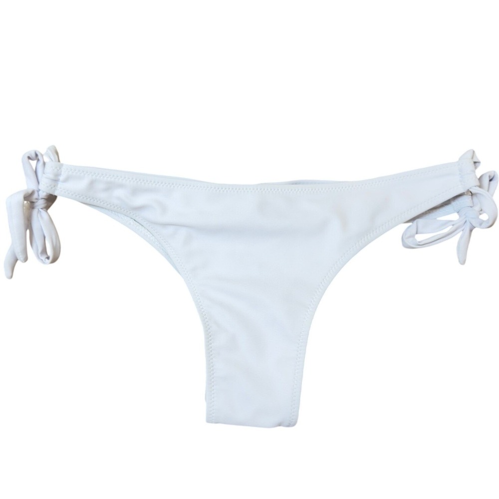 White Side Tie Ruched Back Cheeky Bikini Bottoms Medium Solid Swimwear